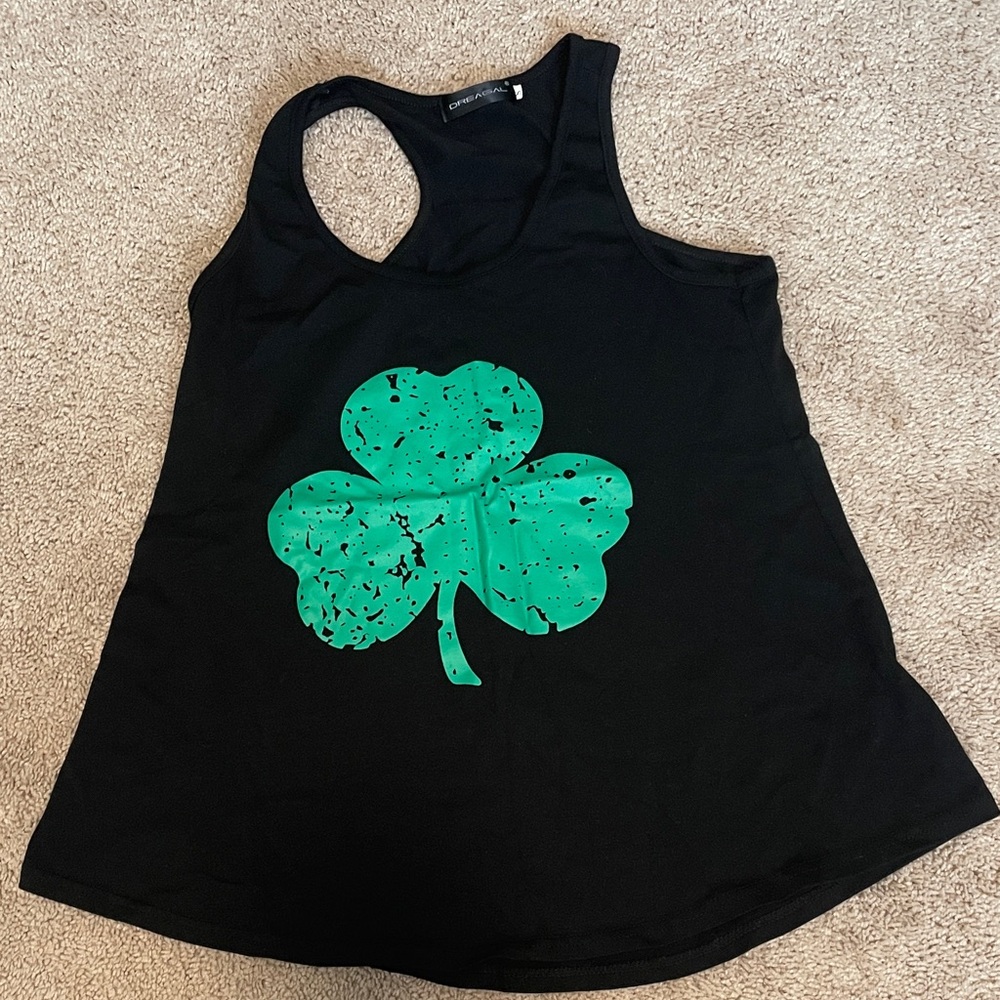 Black Tank Top with Green Shamrock Design